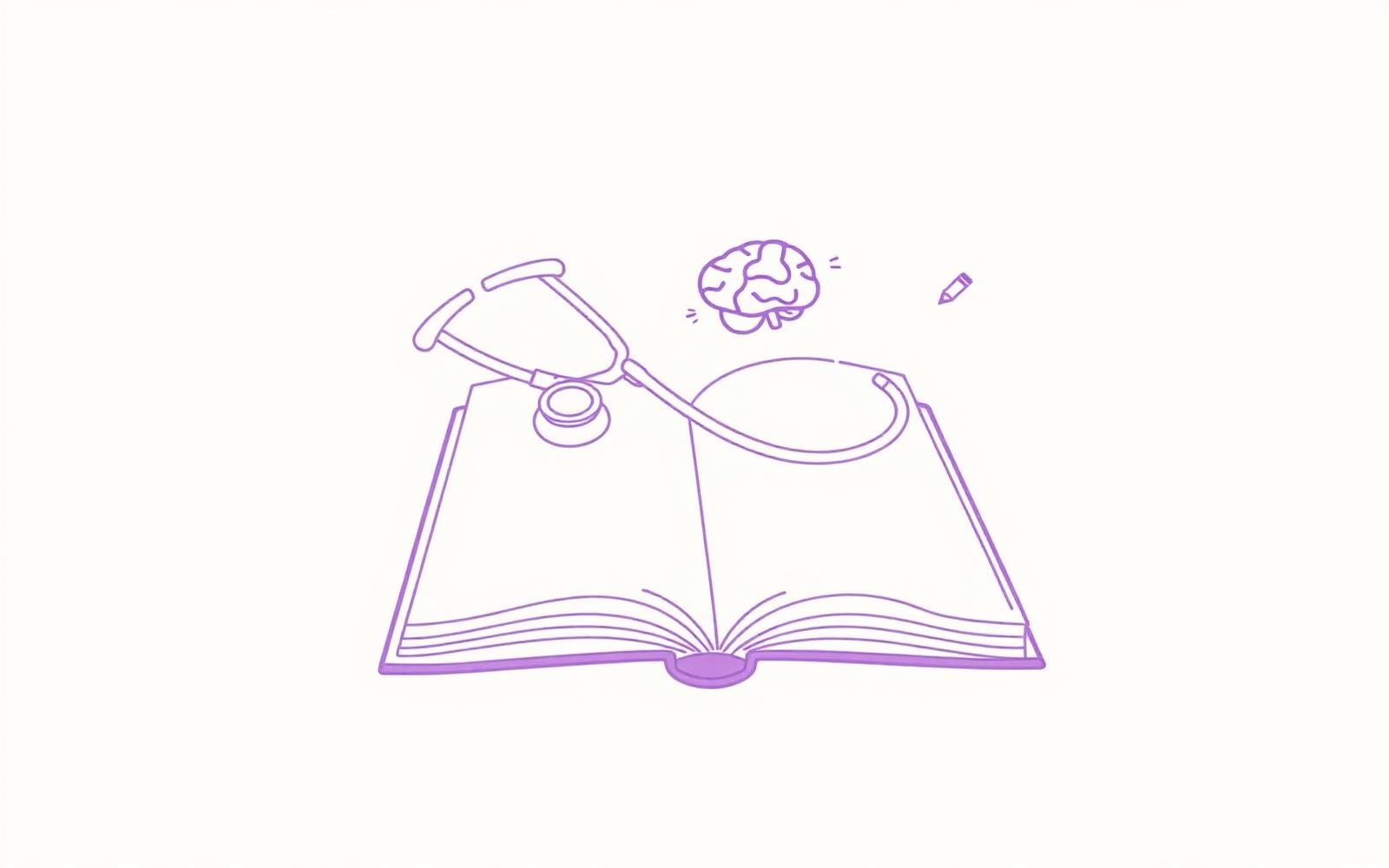 Open book with stethoscope, brain and pencil in lilac line art